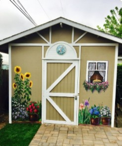 Green and white garden sheds