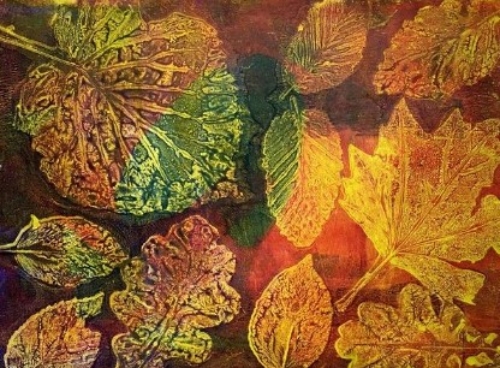 Try mix medium painting with leaves with the gel printing technique