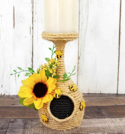 DIY-Dollar-Tree-Bee-Hive-Candle-Holder-Adorned-with-sunflower