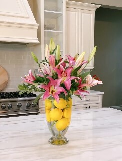 Lemons and pink lilies