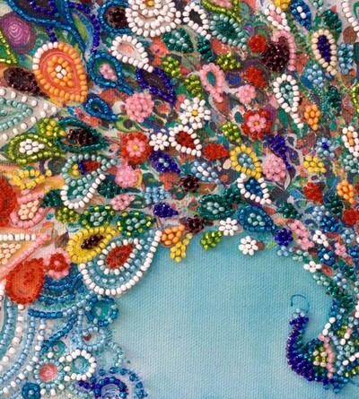 Peacock Themed Bead Embroidery Kit on Canvas