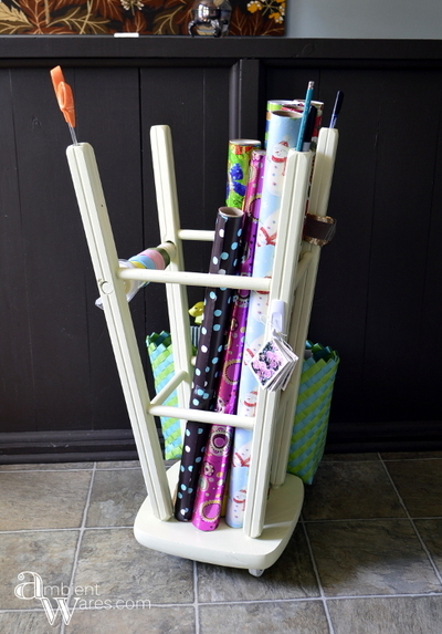 repurposed-stool-gift-wrapping-storage-station