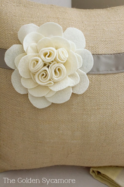 Felt flower burlap pillow