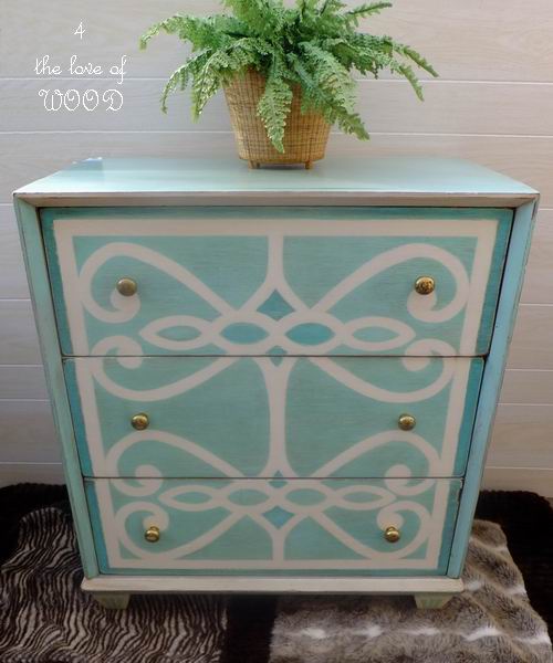 turquoise-and-white-painted-stenciled-dresser